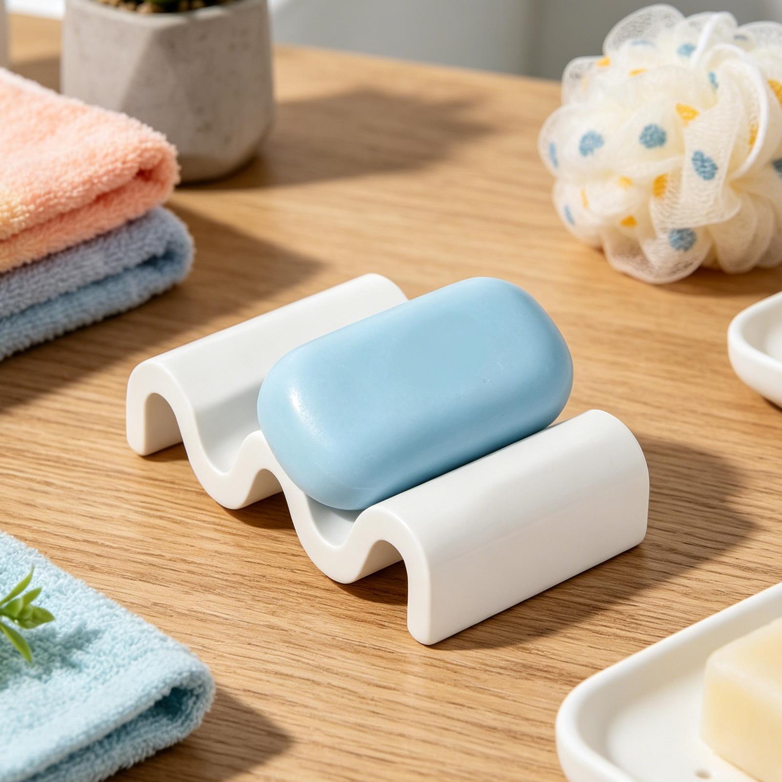 Soap Dish Draining - ที่วางสบู่ซิลิโคนรูปทรงคลื่น แห้งเร็ว ระบายน้ำได้เอง สำหรับห้องน้ำ ห้องครัว บาร์