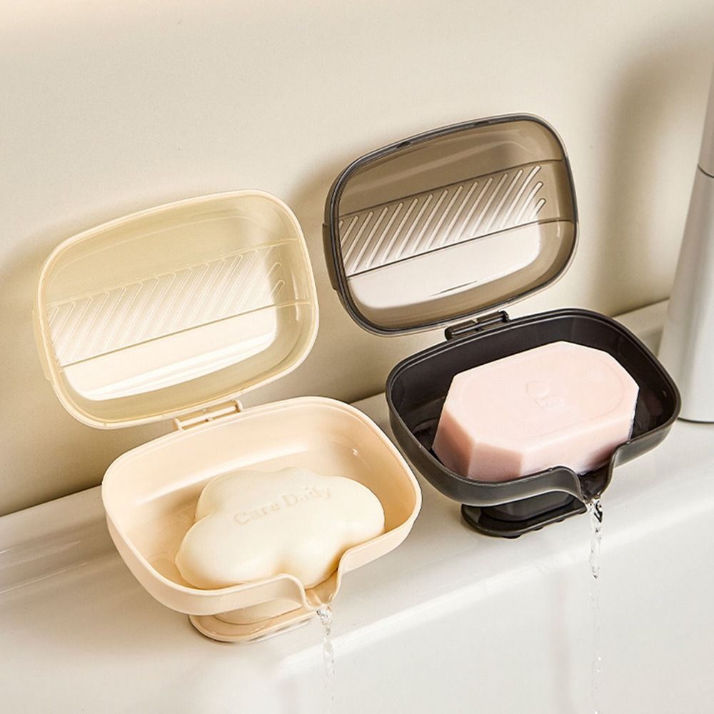 Soap Dish Draining - กล่องใส่สบู่แบบลาดเอียงพร้อมฐานดูดสุญญากาศ ฝาปิดกันฝุ่น สำหรับอ่างล้างหน้าในห้องน้ำ